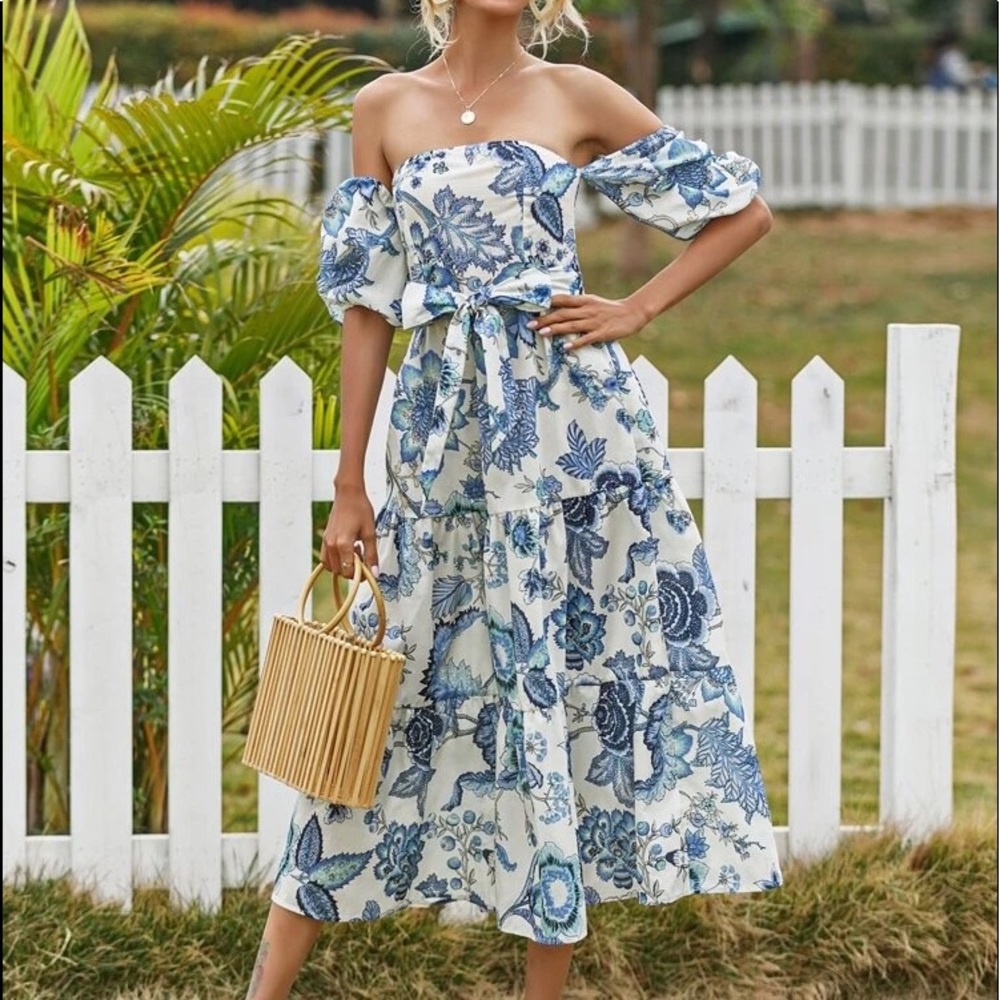 Boho Gypsy Floral Bardot Belted Ruffle Hem Dress - Picture 4 of 7